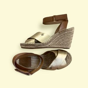 TORY BURCH BIMA ESPADRILLE WEDGE SANDAL, METALLIC GOLD AND BROWN LEATHER!